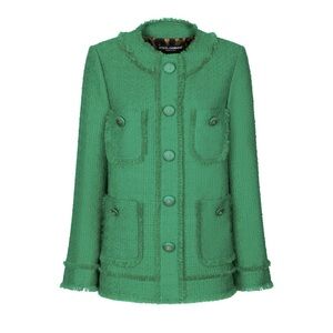 Dolce & Gabbana Raschel Single Breasted Boucle Tweed Green Jacket